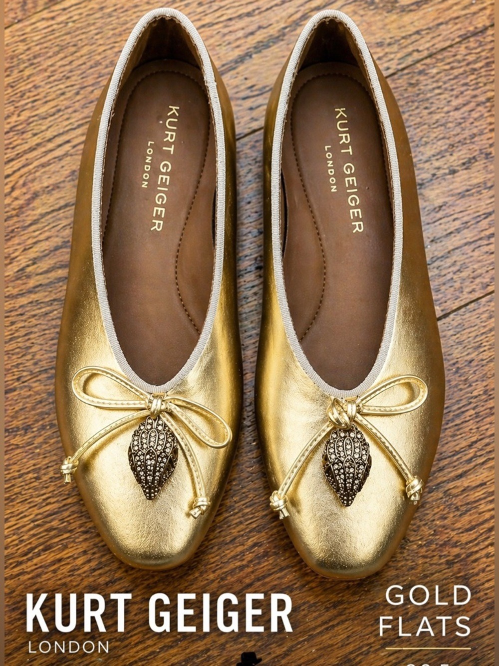 Kurt Geiger London Sloane Eagle Head Ballet Flats Metallic Gold EU 36.5 NWT $135